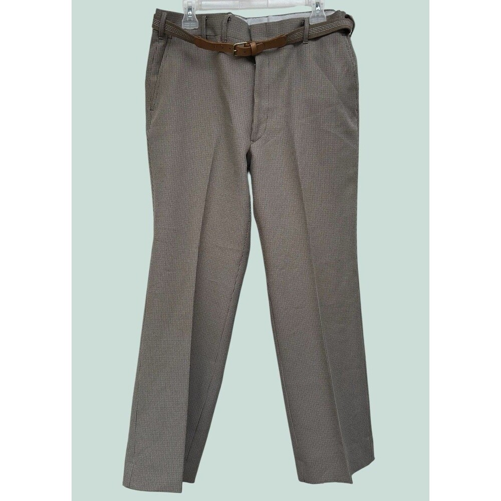 Vintage 1970s Trouser Pants Birdseye Weave Academia Work Slacks Belt Sz 36x30